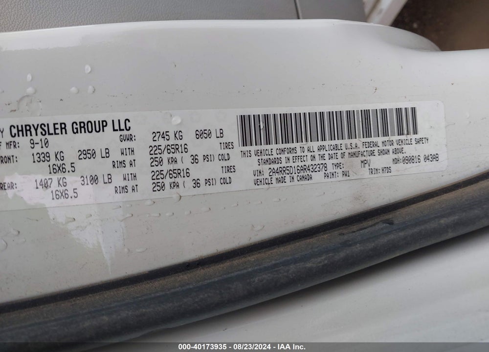 2010 CHRYSLER TOWN & COUNTRY TOURING VIN: 2A4RR5D16AR432378