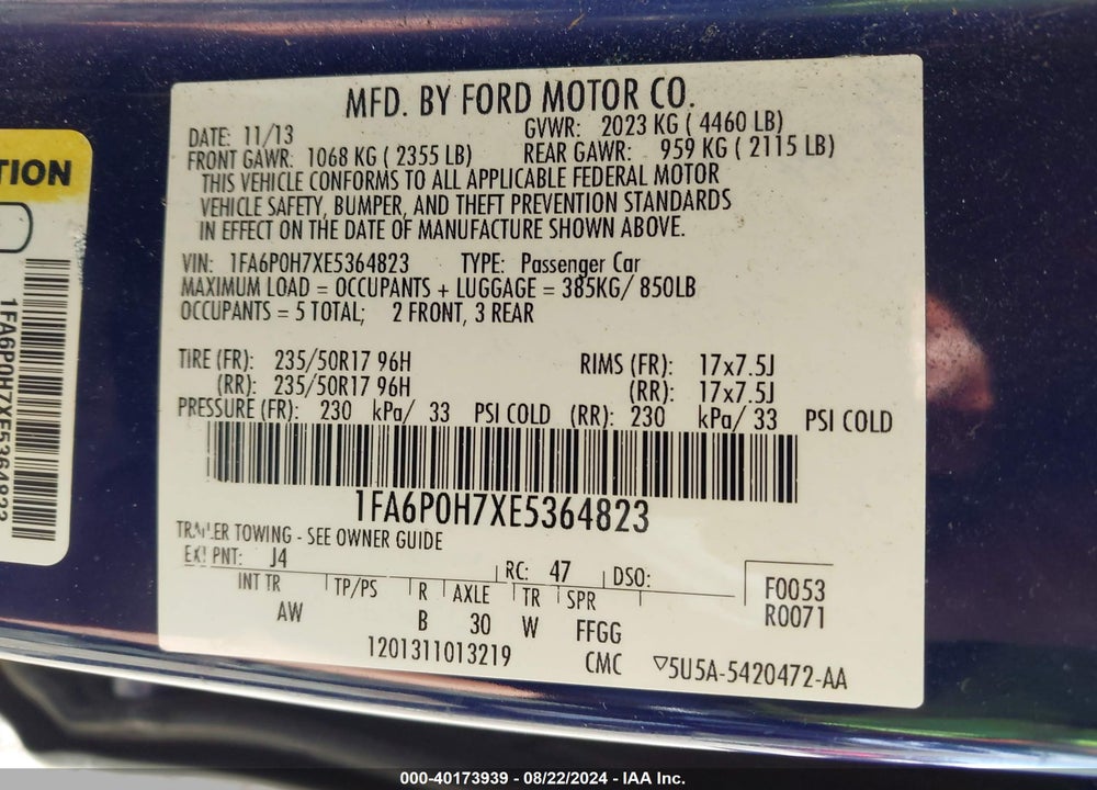 2014 FORD FUSION VIN: 1FA6P0H7XE5364823