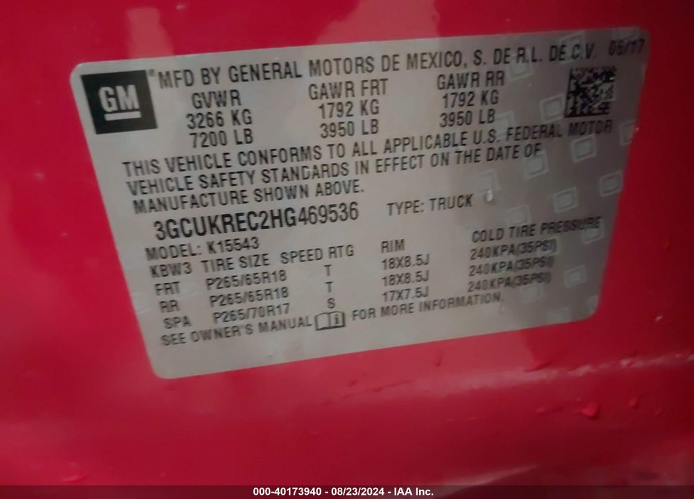 2017 CHEVROLET SILVERADO 1500 1LT VIN: 3GCUKREC2HG469536