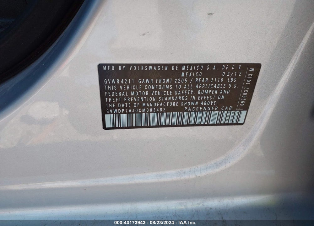 2012 VOLKSWAGEN JETTA 2.5L SE VIN: 3VWDP7AJ0CM383482