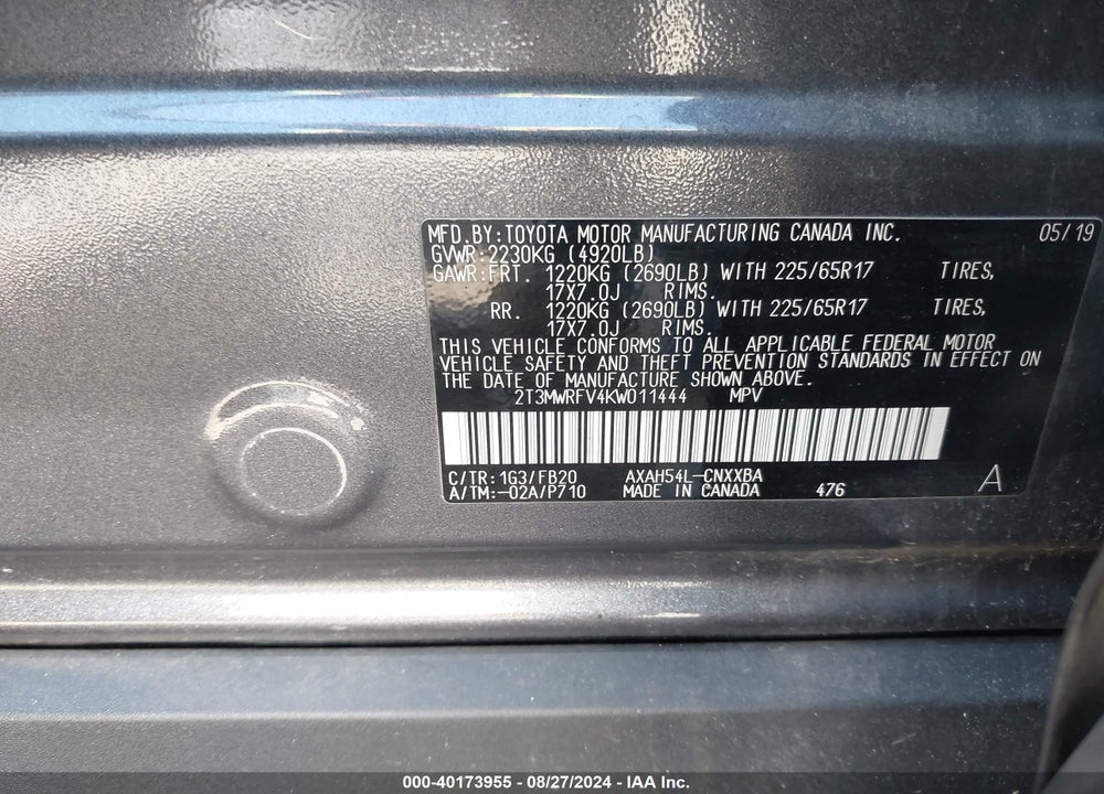 2019 TOYOTA RAV4 HYBRID LE VIN: 2T3MWRFV4KW011444