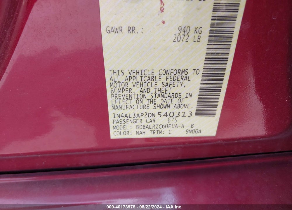 2013 NISSAN ALTIMA 2.5 S VIN: 1N4AL3AP2DN540313