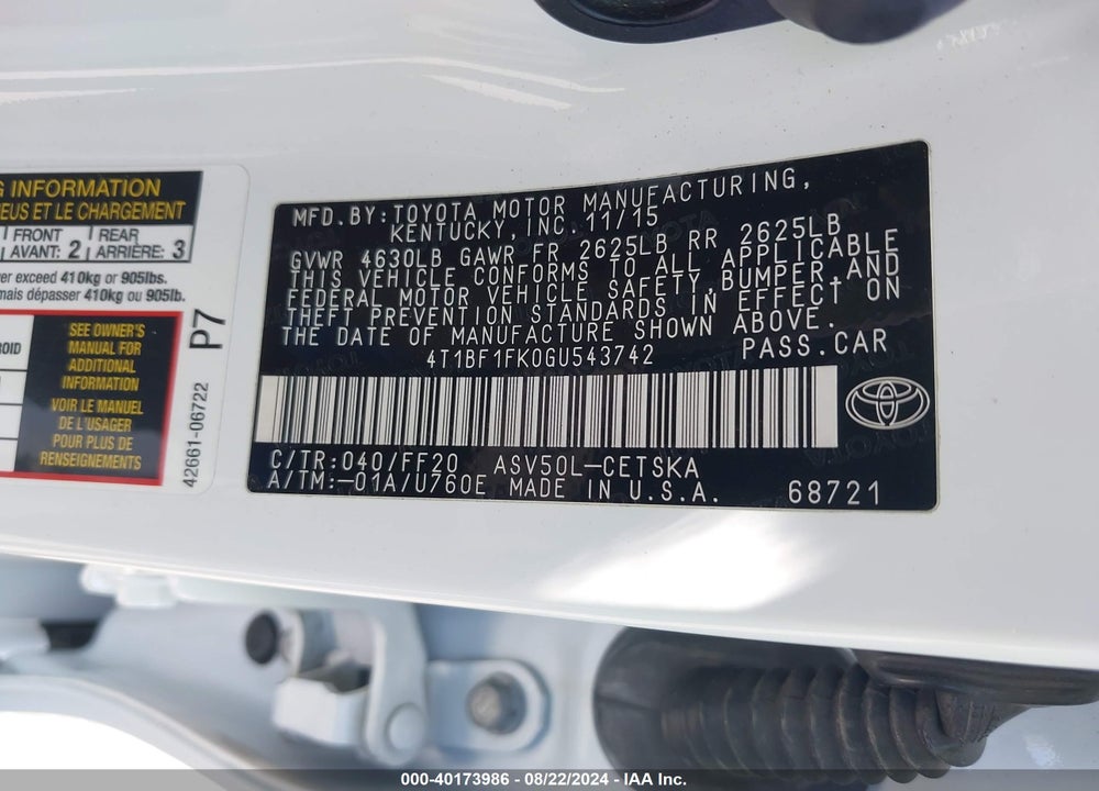 2016 TOYOTA CAMRY SE VIN: 4T1BF1FK0GU543742
