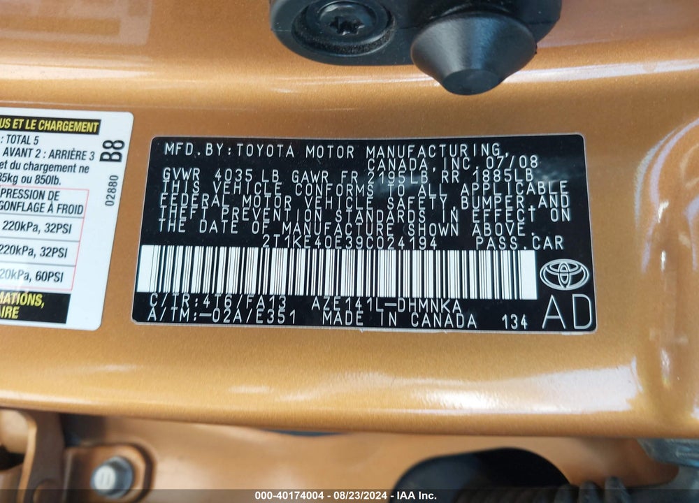2009 TOYOTA MATRIX S VIN: 2T1KE40E39C024194