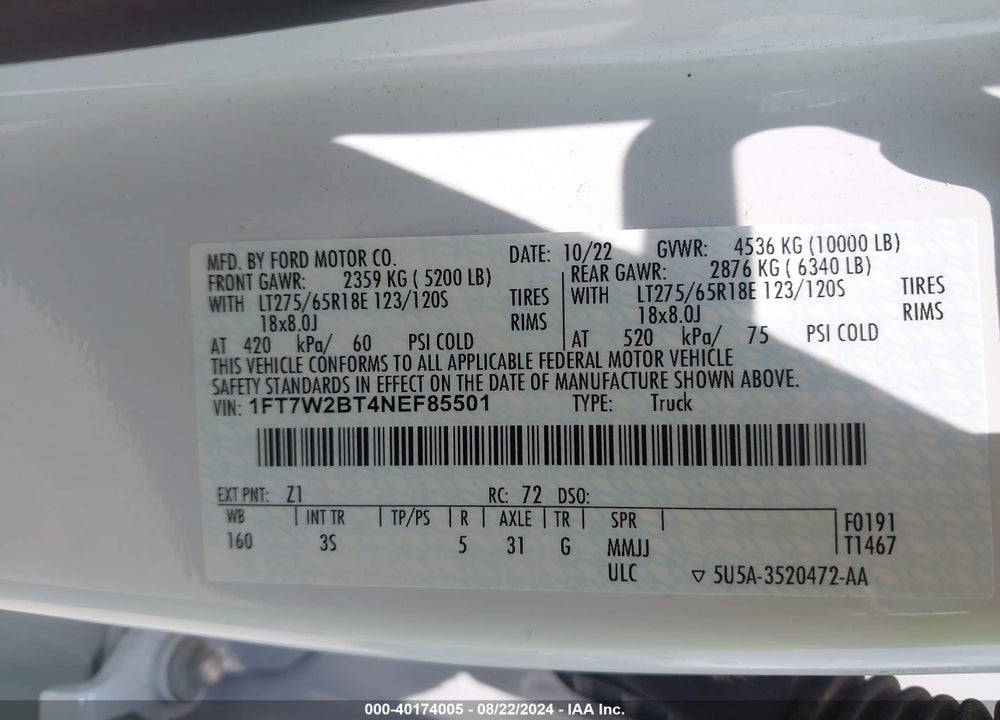 2022 FORD F-250 XLT VIN: 1FT7W2BT4NEF85501