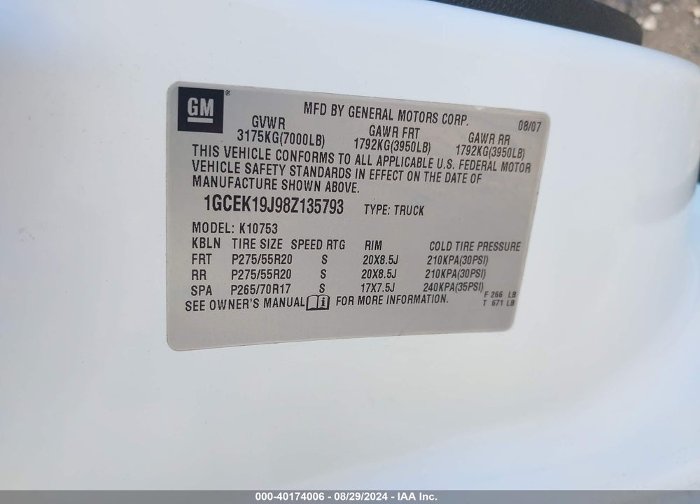 2008 CHEVROLET SILVERADO 1500 LTZ VIN: 1GCEK19J98Z135793