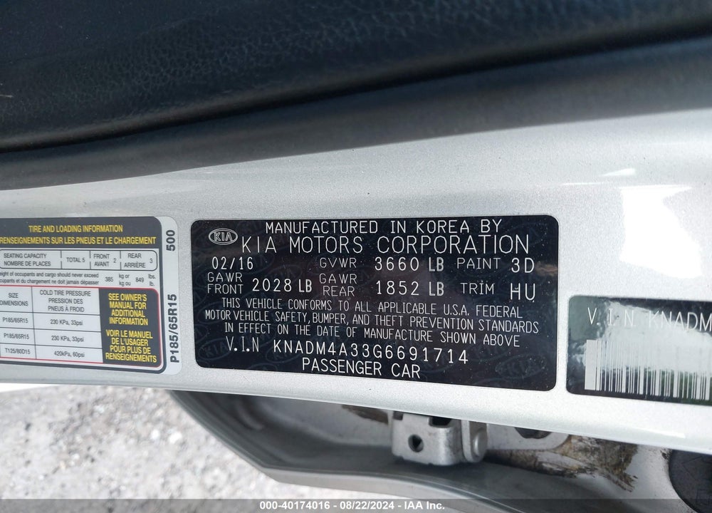 2016 KIA RIO LX VIN: KNADM4A33G6691714