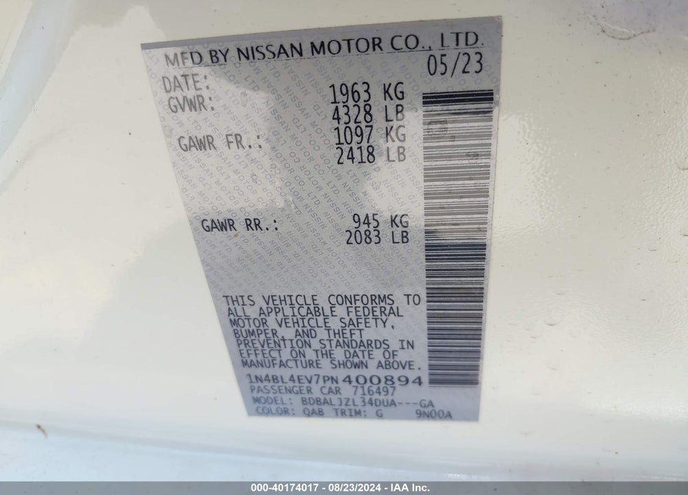 2023 NISSAN ALTIMA SL FWD VIN: 1N4BL4EV7PN400894