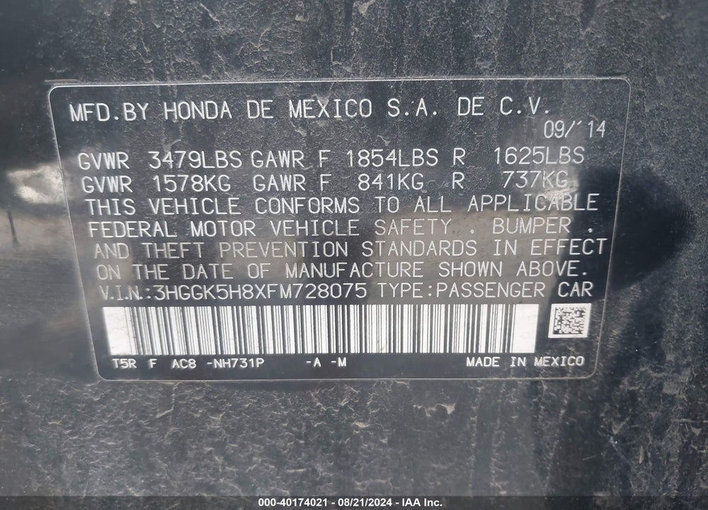 2015 HONDA FIT EX/EX-L VIN: 3HGGK5H8XFM728075