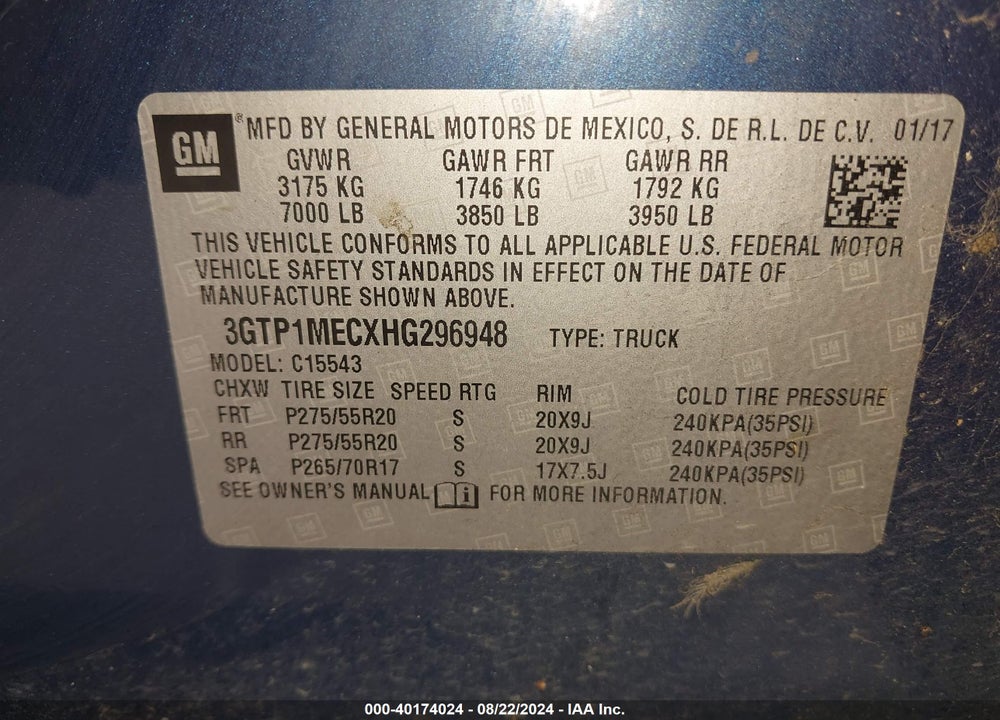 2017 GMC SIERRA 1500 SLE VIN: 3GTP1MECXHG296948