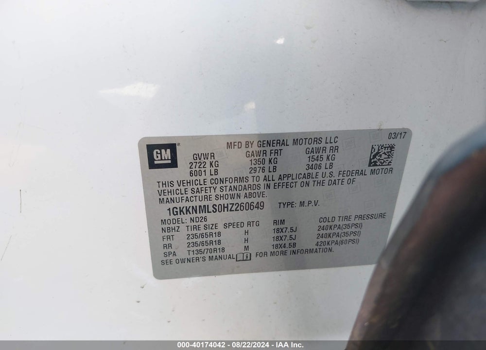 2017 GMC ACADIA SLT-1 VIN: 1GKKNMLS0HZ260649