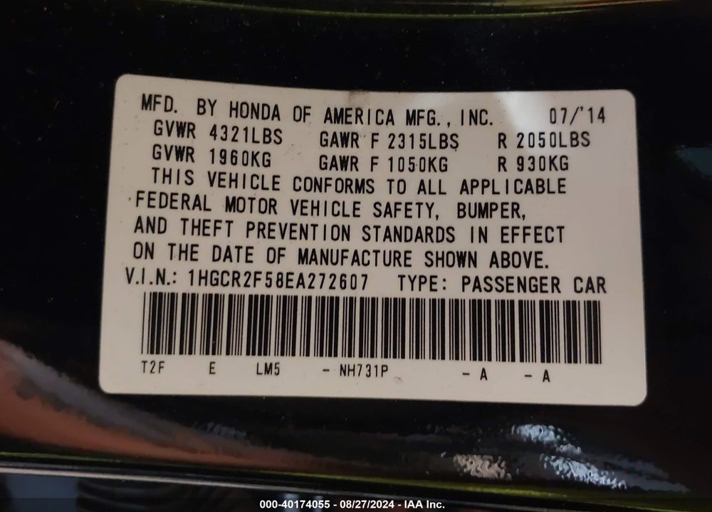 2014 HONDA ACCORD SPORT VIN: 1HGCR2F58EA272607