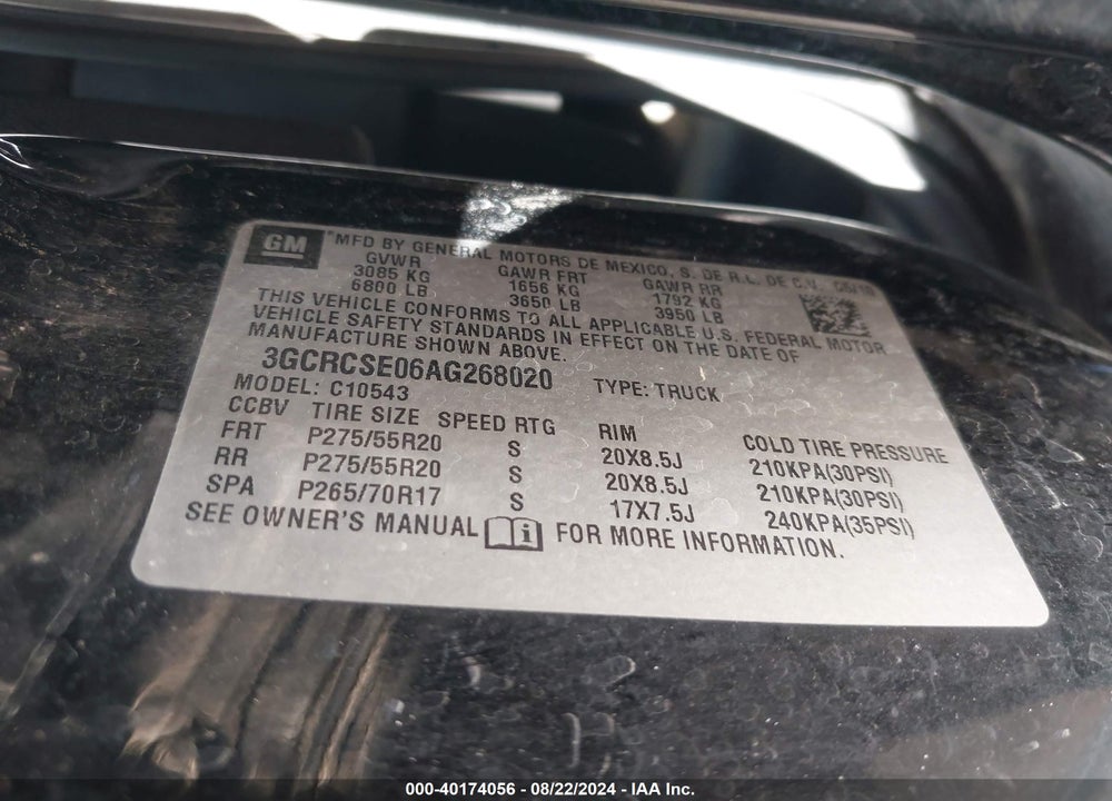 2010 CHEVROLET SILVERADO 1500 LT VIN: 3GCRCSE06AG268020