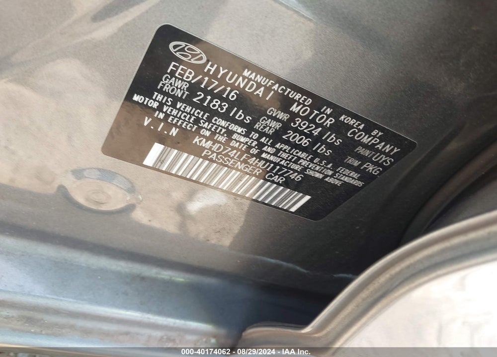 2017 HYUNDAI ELANTRA SE VIN: KMHD74LF4HU117746