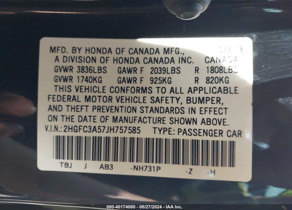 2018 HONDA CIVIC SI VIN: 2HGFC3A57JH757585