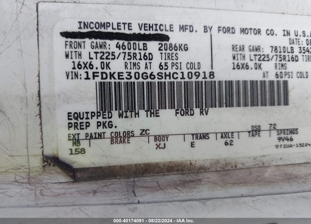 1995 FORD ECONOLINE E350 CUTAWAY VAN VIN: 1FDKE30G6SHC10918