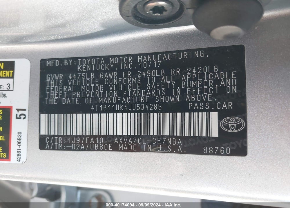 2018 TOYOTA CAMRY LE VIN: 4T1B11HK4JU534285