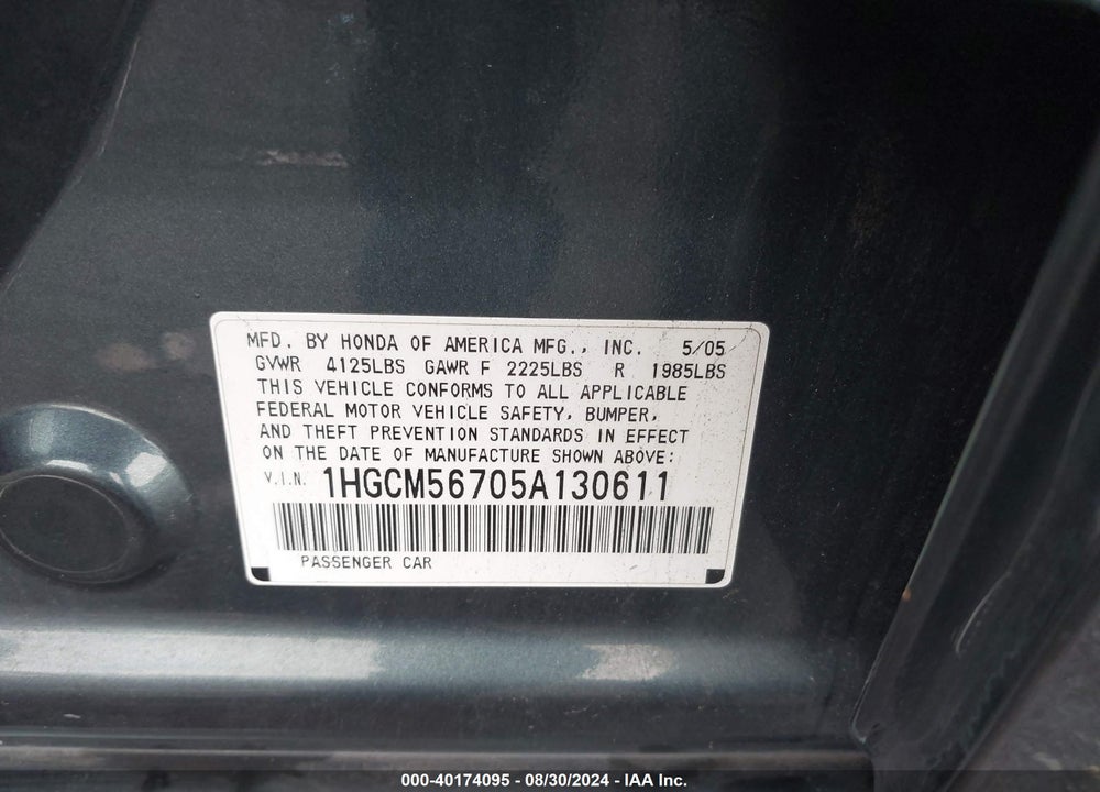 2005 HONDA ACCORD 2.4 EX VIN: 1HGCM56705A130611