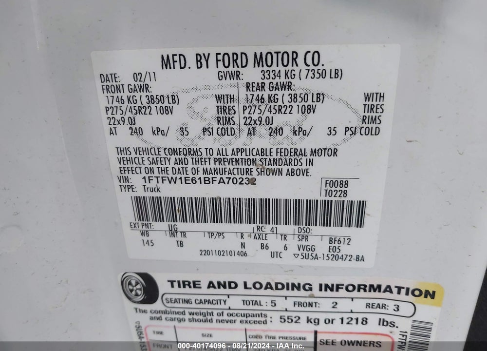 2011 FORD F-150 LARIAT LIMITED VIN: 1FTFW1E61BFA70232