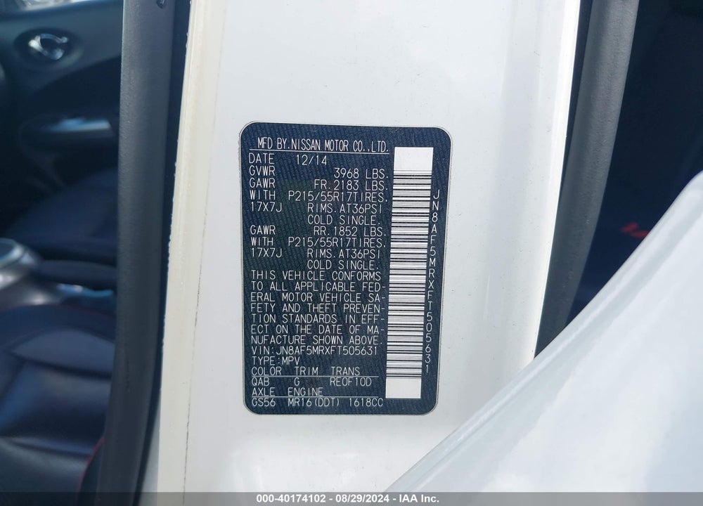 2015 NISSAN JUKE SL VIN: JN8AF5MRXFT505631