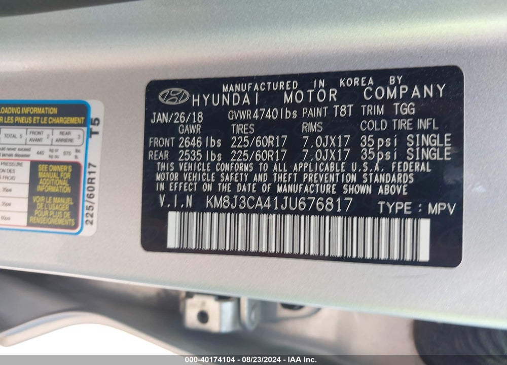 2018 HYUNDAI TUCSON SEL VIN: KM8J3CA41JU676817