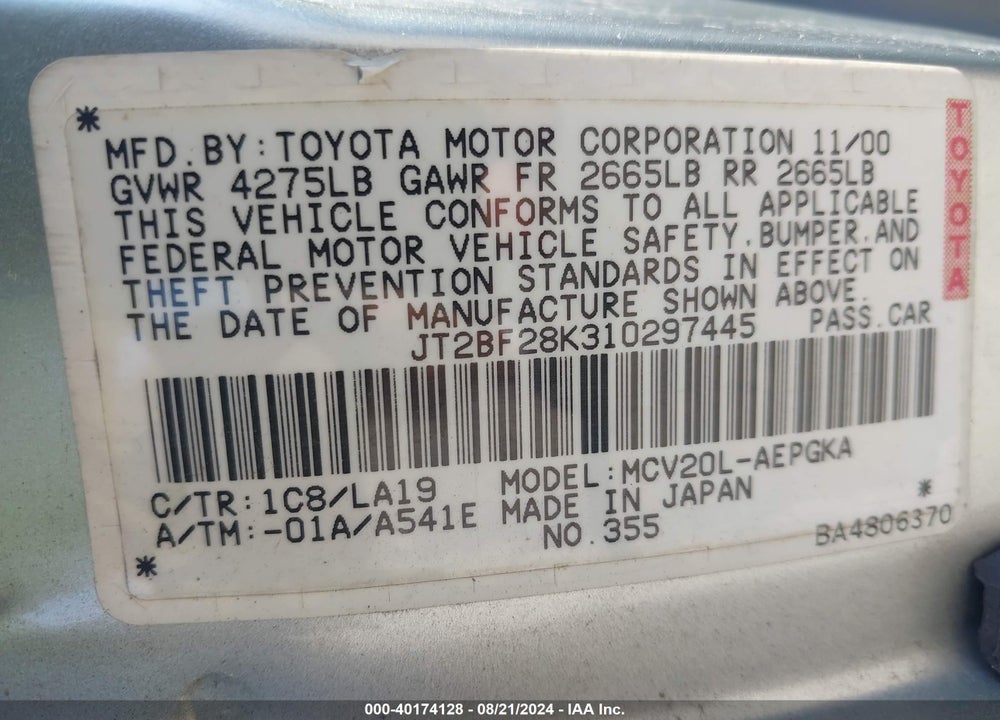 2001 TOYOTA CAMRY XLE V6 VIN: JT2BF28K310297445