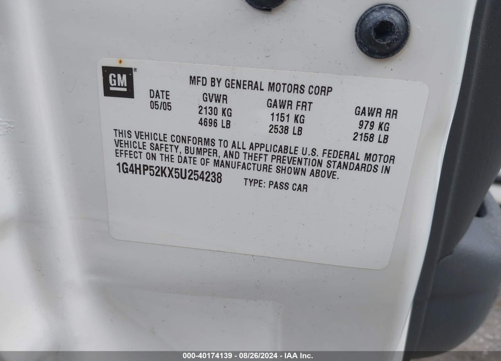 2005 BUICK LESABRE CUSTOM VIN: 1G4HP52KX5U254238