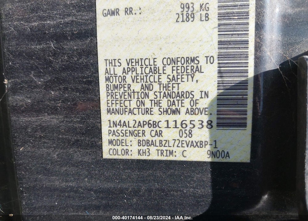 2011 NISSAN ALTIMA 2.5 S VIN: 1N4AL2AP6BC116538
