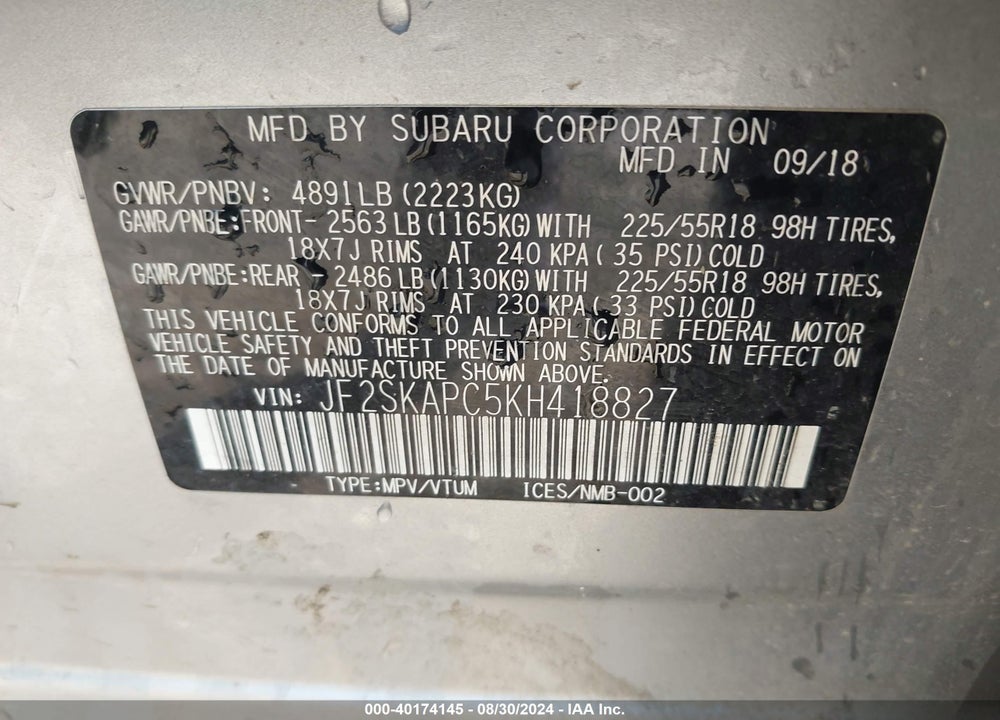 2019 SUBARU FORESTER SPORT VIN: JF2SKAPC5KH418827