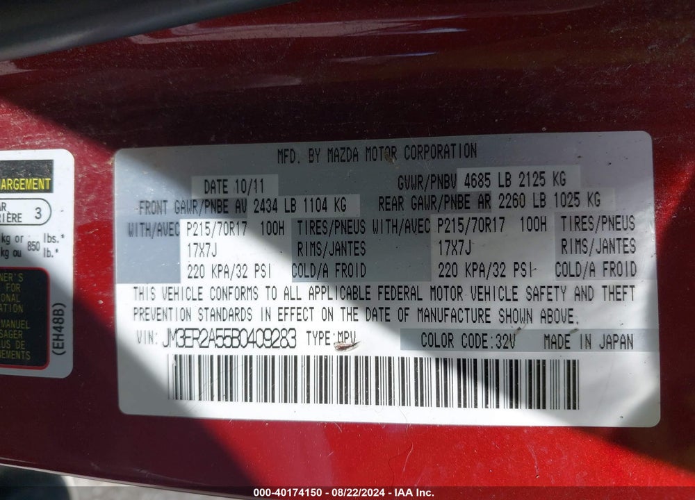 2011 MAZDA CX-7 I SV VIN: JM3ER2A55B0409283
