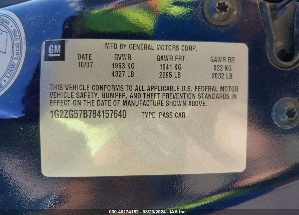 2008 PONTIAC G6 VIN: 1G2ZG57B784157640
