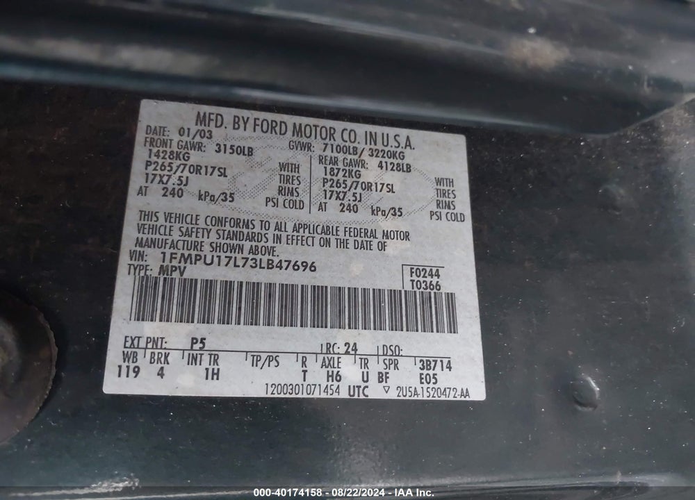2003 FORD EXPEDITION VIN: 1FMPU17L73LB47696