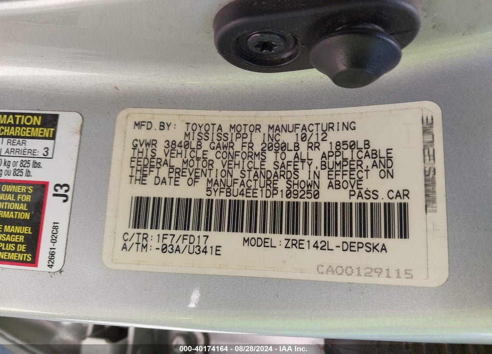 2013 TOYOTA COROLLA S VIN: 5YFBU4EE1DP109250