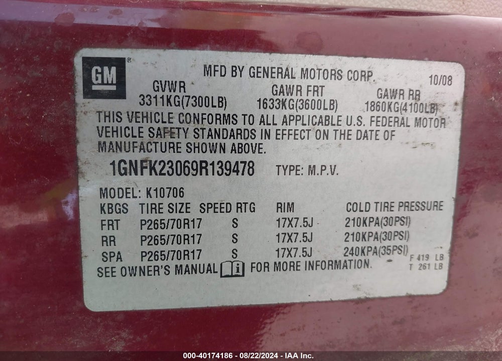 2009 CHEVROLET TAHOE LT2 VIN: 1GNFK23069R139478