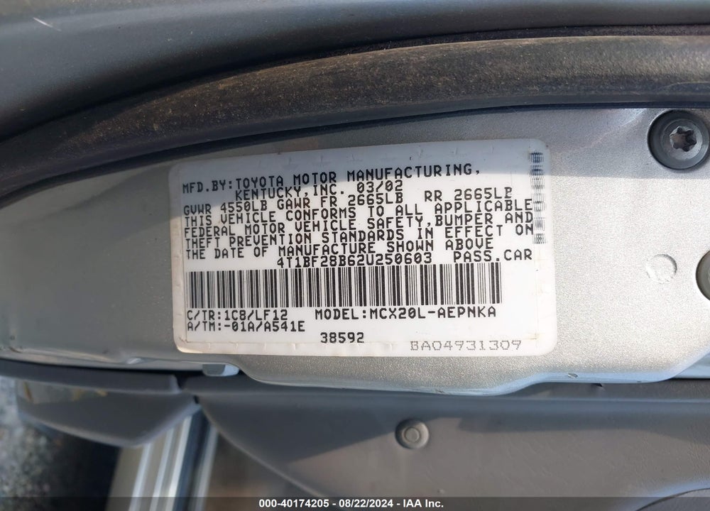 2002 TOYOTA AVALON XL/XLS VIN: 4T1BF28B62U250603