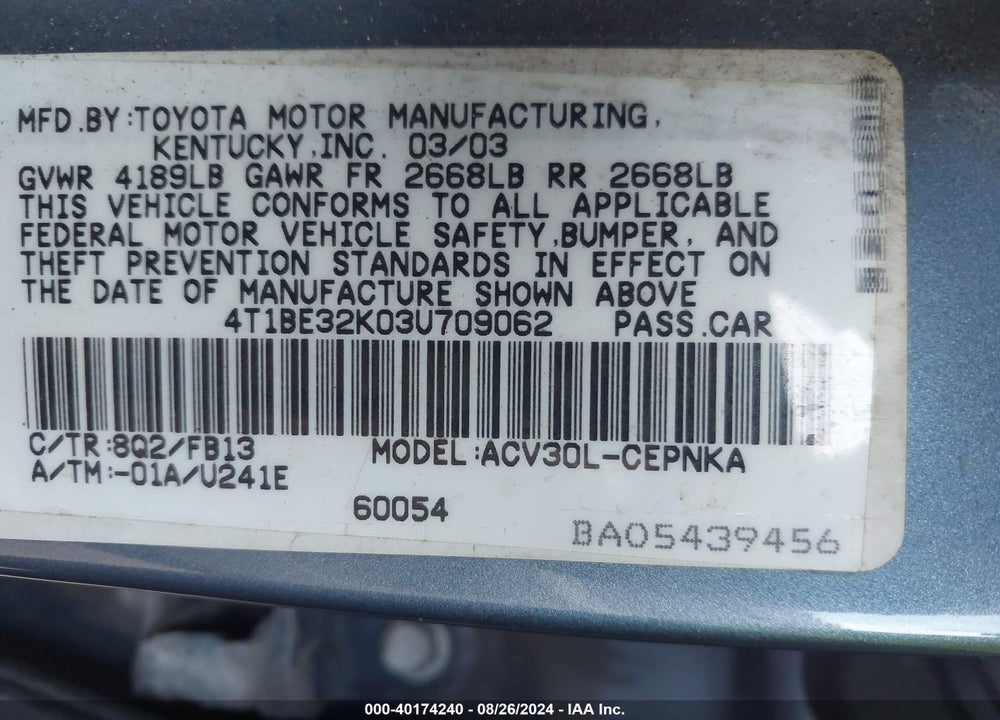2003 TOYOTA CAMRY VIN: 4T1BE32K03U709062