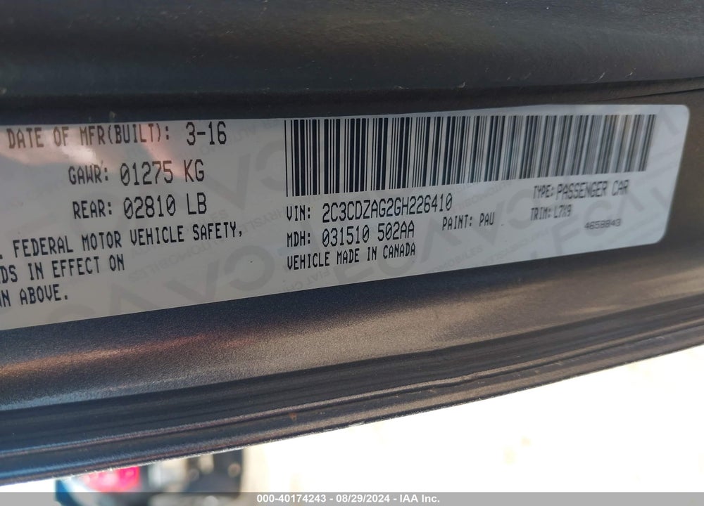 2016 DODGE CHALLENGER SXT VIN: 2C3CDZAG2GH226410