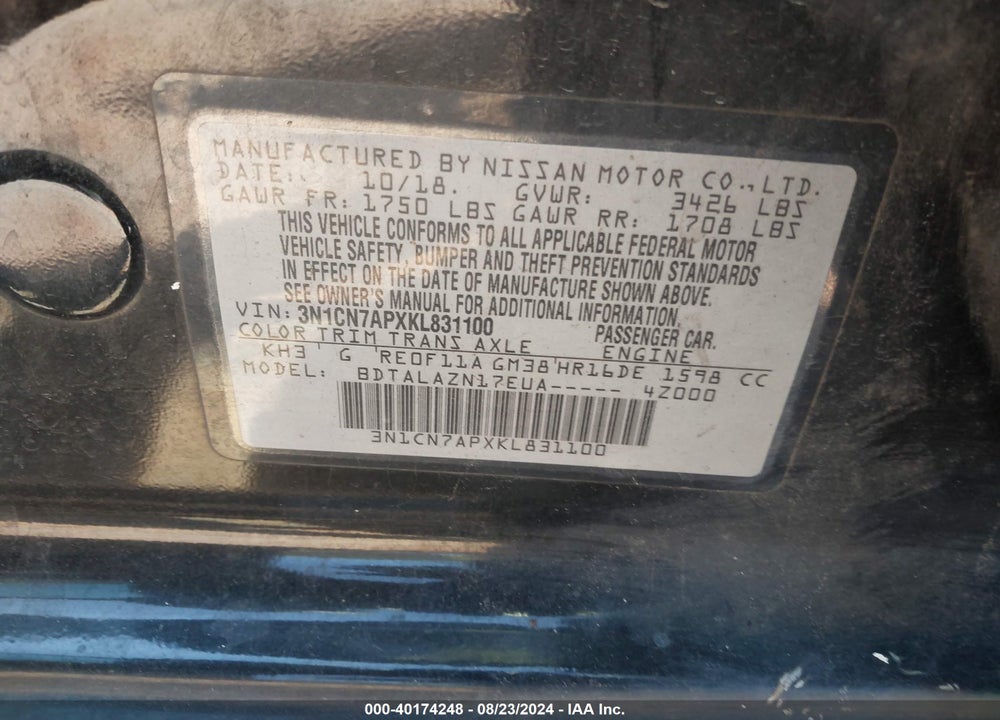 2019 NISSAN VERSA 1.6 S+ VIN: 3N1CN7APXKL831100