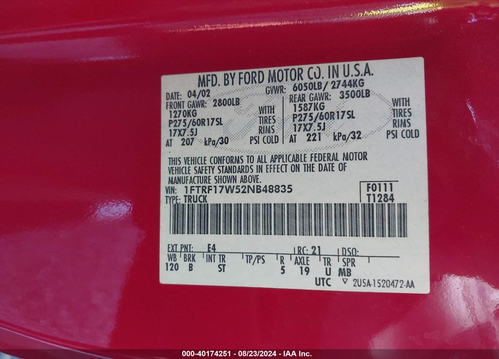 2002 FORD F-150 XL/XLT VIN: 1FTRF17W52NB48835