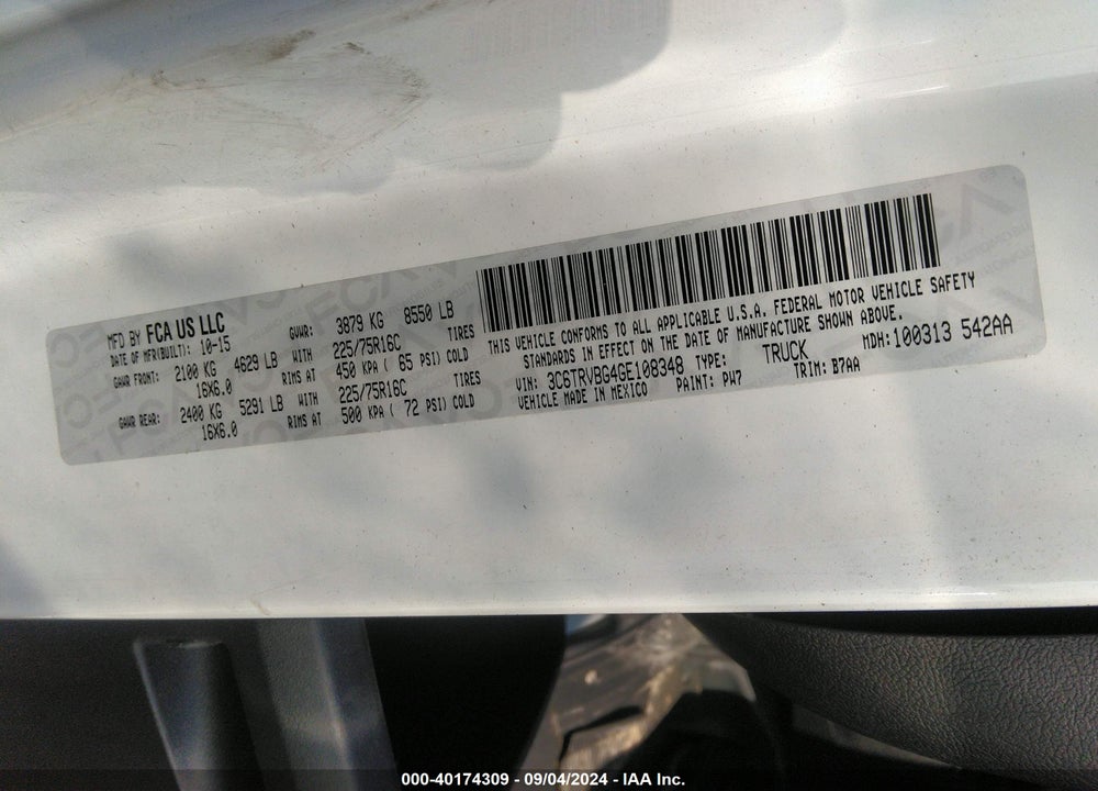 2016 RAM PROMASTER 1500 VIN: 3C6TRVBG4GE108348