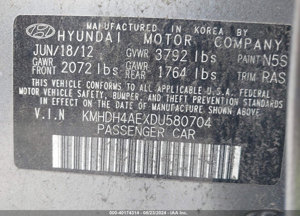 2013 HYUNDAI ELANTRA GLS VIN: KMHDH4AEXDU580704