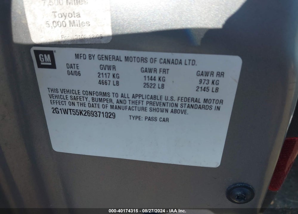 2006 CHEVROLET IMPALA LT VIN: 2G1WT55K269371029