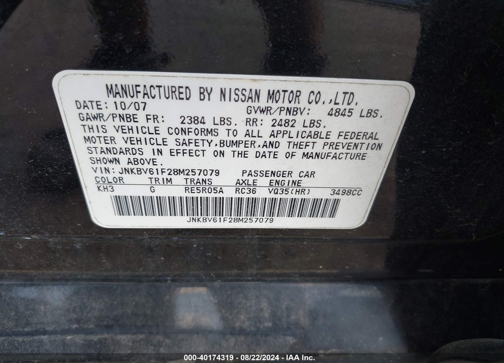2008 INFINITI G35X VIN: JNKBV61F28M257079