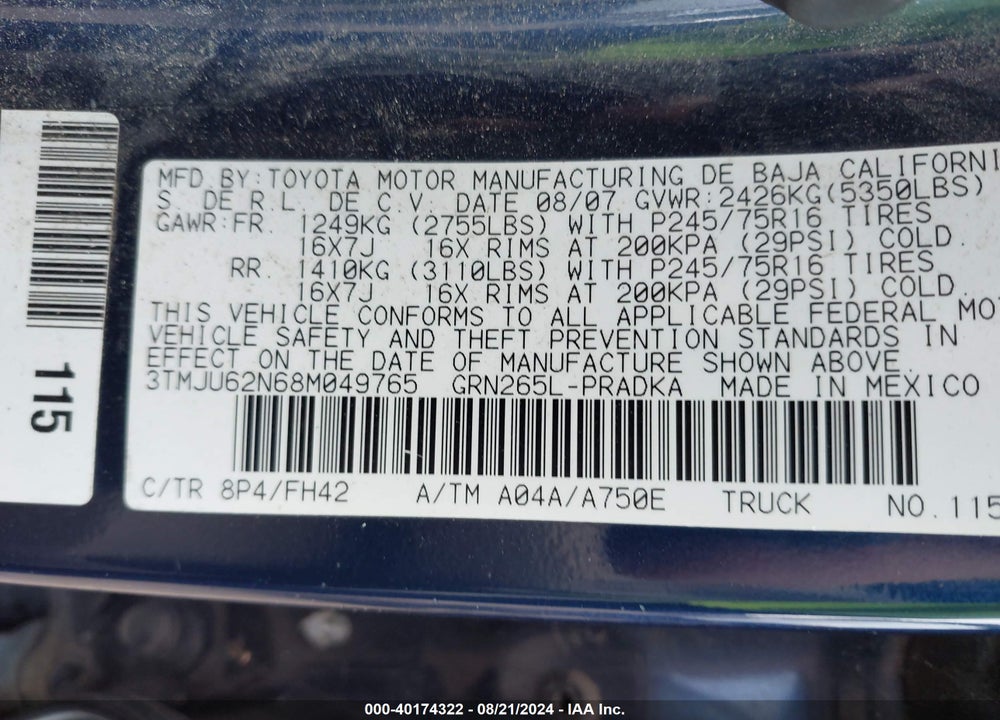2008 TOYOTA TACOMA PRERUNNER V6 VIN: 3TMJU62N68M049765