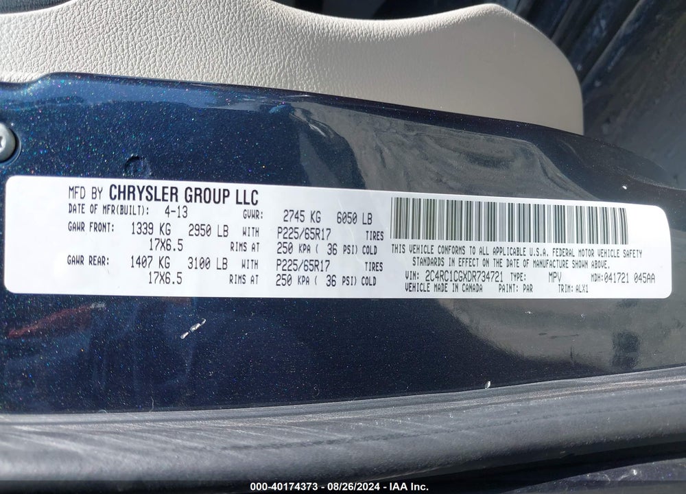2013 CHRYSLER TOWN & COUNTRY TOURING-L VIN: 2C4RC1CGXDR734721