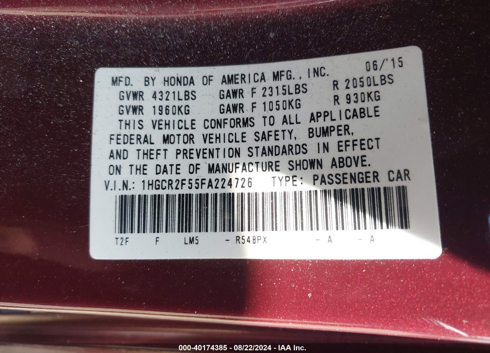 2015 HONDA ACCORD SPORT VIN: 1HGCR2F55FA224726