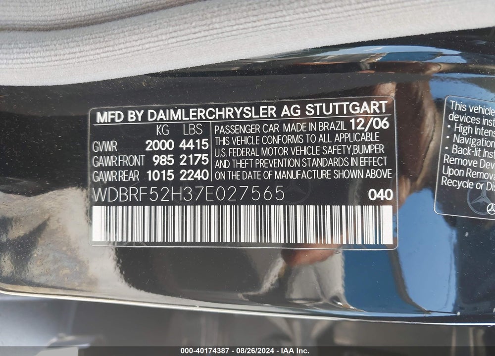 2007 MERCEDES-BENZ C 230 SPORT VIN: WDBRF52H37E027565