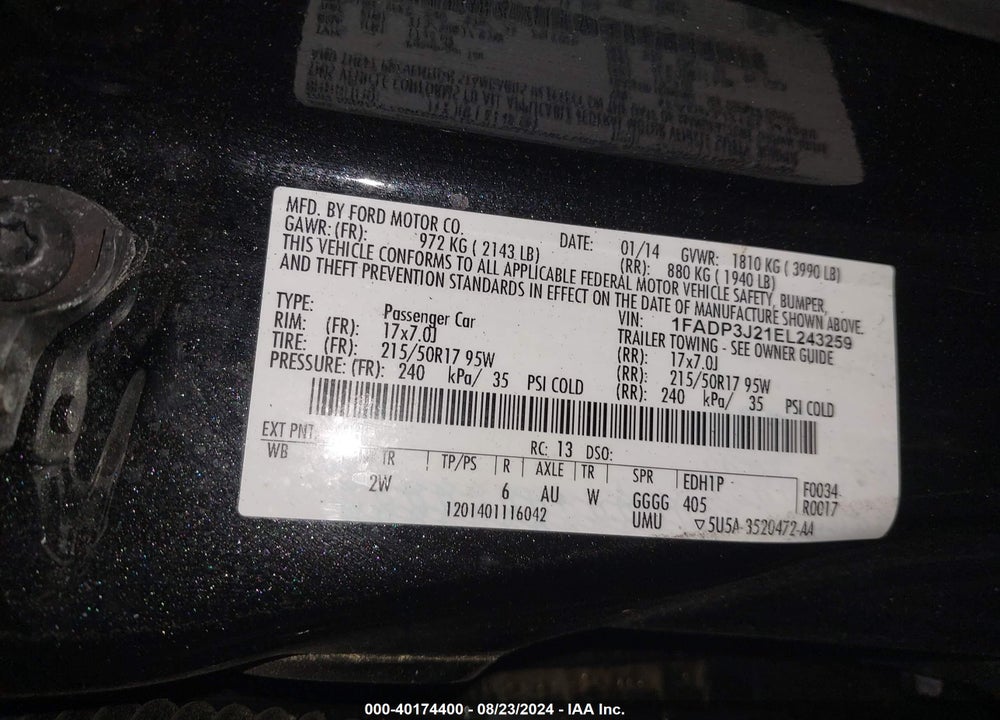 2014 FORD FOCUS TITANIUM VIN: 1FADP3J21EL243259