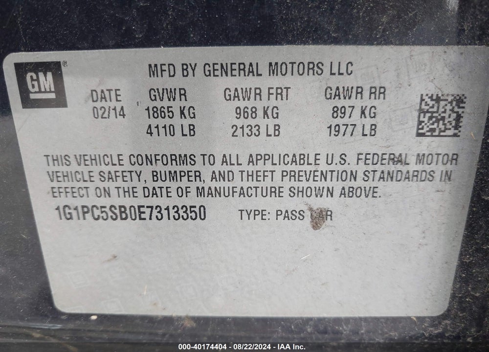 2014 CHEVROLET CRUZE 1LT AUTO VIN: 1G1PC5SB0E7313350