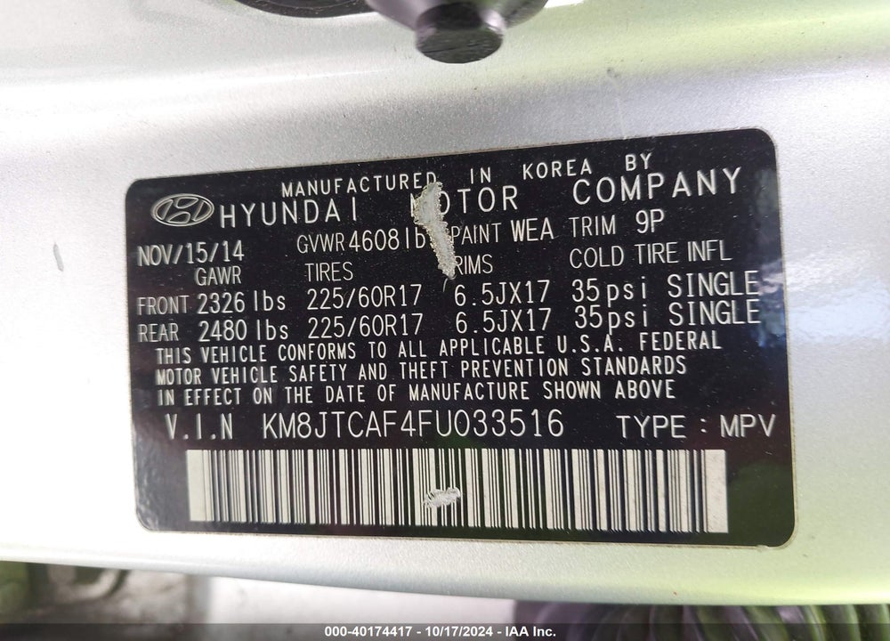 2015 HYUNDAI TUCSON GLS VIN: KM8JTCAF4FU033516